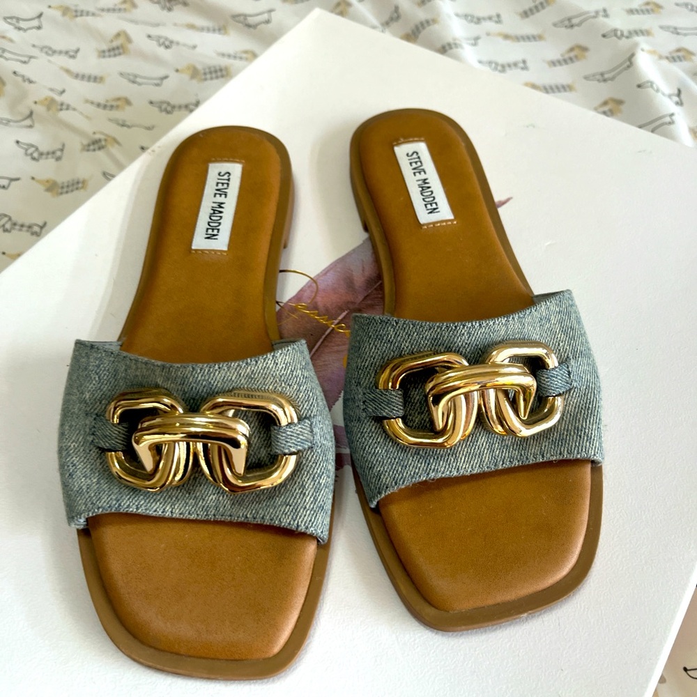 Steve madden gold buckle / jean sandals/slides
